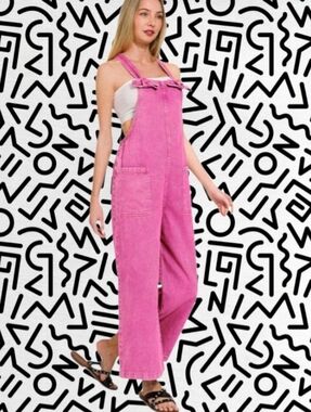 Womens Pink Denim Overalls Capris
